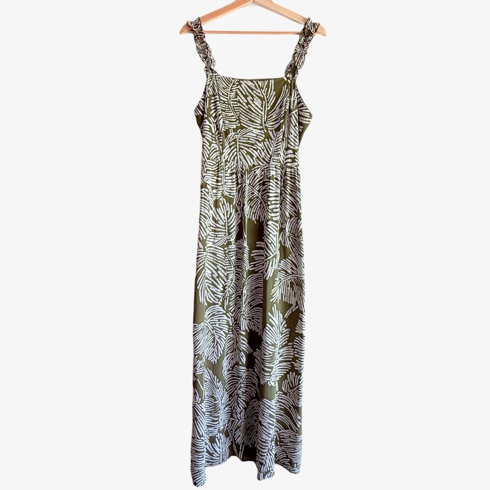 Luxology Palm Leaf Print Maxi Dress Ruffle Straps Smocked Back Olive Green Med